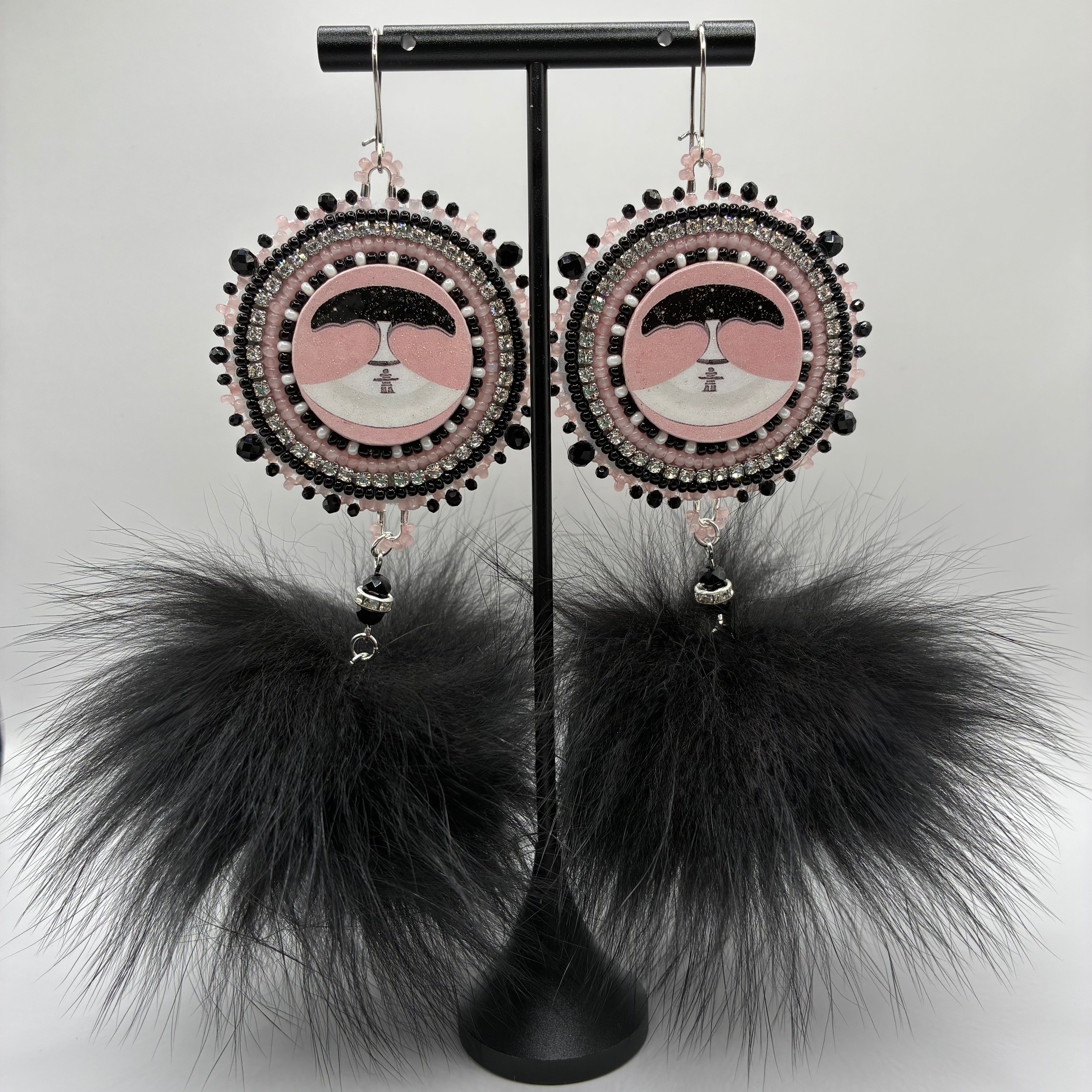 Uluk with black fox fur pompom’s earrings made by me